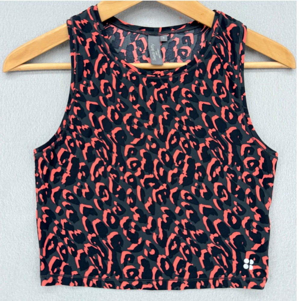 Sweaty Betty Home Straight Running Vest Fluro Flash Leopard Crop Tank Top Small